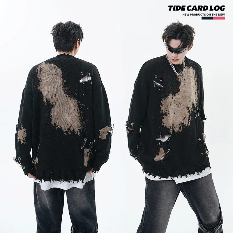 TIDE CARD LOG | Autumn and winter high street fashionable design faded pin ripped couple round neck loose sweater