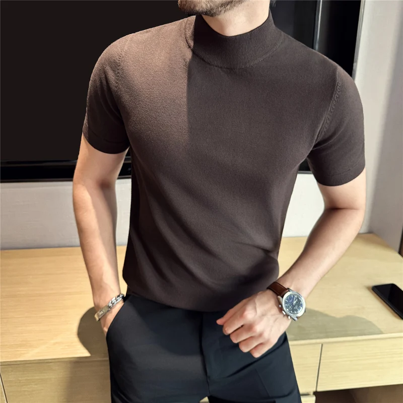 Tiktok Taobao Dropshipping Men's Short-Sleeve Knitwear, Fashionable Versatile Half-Turtleneck Slim-Fit Half-Sleeve Sweater Base Shirt