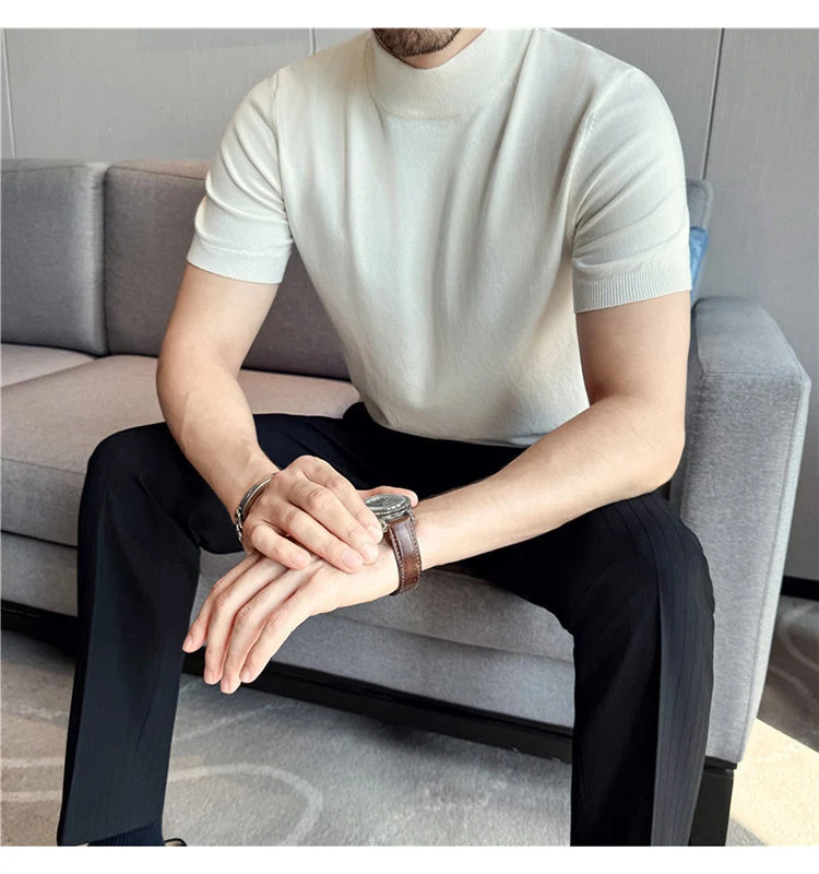 Tiktok Taobao Dropshipping Men's Short-Sleeve Knitwear, Fashionable Versatile Half-Turtleneck Slim-Fit Half-Sleeve Sweater Base Shirt