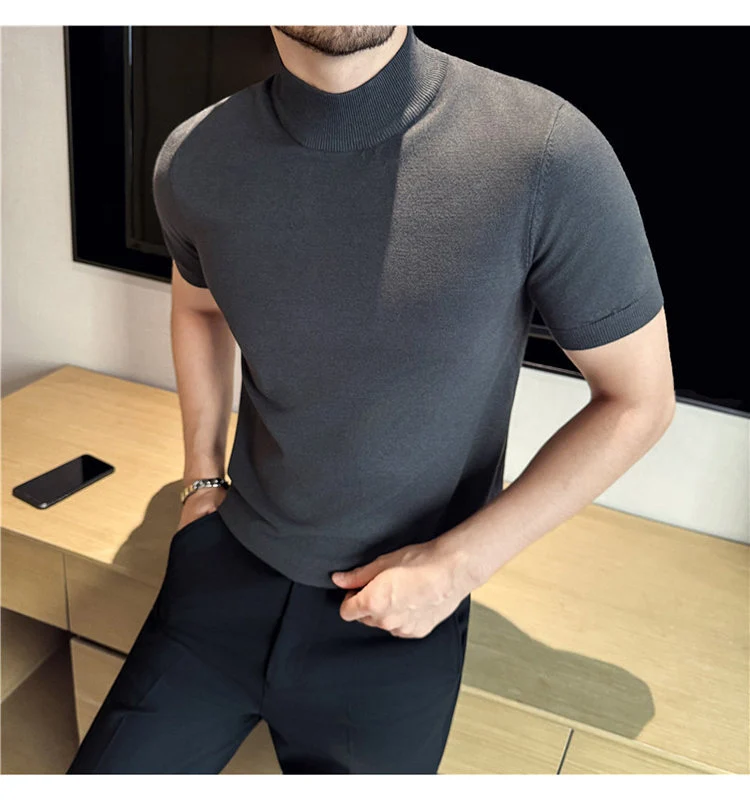 Tiktok Taobao Dropshipping Men's Short-Sleeve Knitwear, Fashionable Versatile Half-Turtleneck Slim-Fit Half-Sleeve Sweater Base Shirt