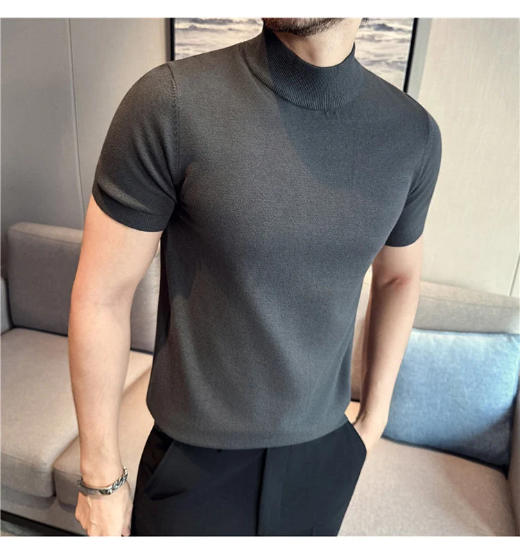 Tiktok Taobao Dropshipping Men's Short-Sleeve Knitwear, Fashionable Versatile Half-Turtleneck Slim-Fit Half-Sleeve Sweater Base Shirt