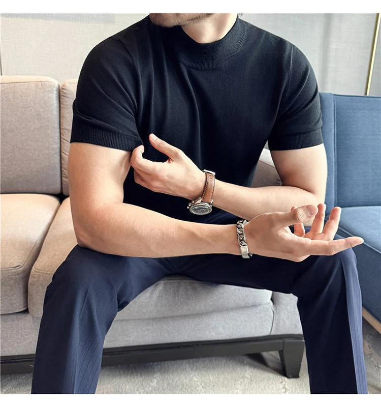 Tiktok Taobao Dropshipping Men's Short-Sleeve Knitwear, Fashionable Versatile Half-Turtleneck Slim-Fit Half-Sleeve Sweater Base Shirt