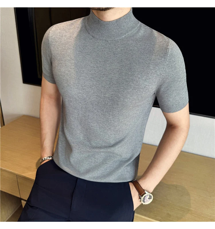 Tiktok Taobao Dropshipping Men's Short-Sleeve Knitwear, Fashionable Versatile Half-Turtleneck Slim-Fit Half-Sleeve Sweater Base Shirt