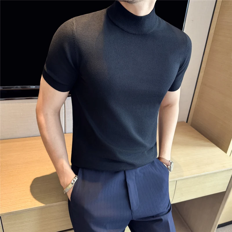 Tiktok Taobao Dropshipping Men's Short-Sleeve Knitwear, Fashionable Versatile Half-Turtleneck Slim-Fit Half-Sleeve Sweater Base Shirt
