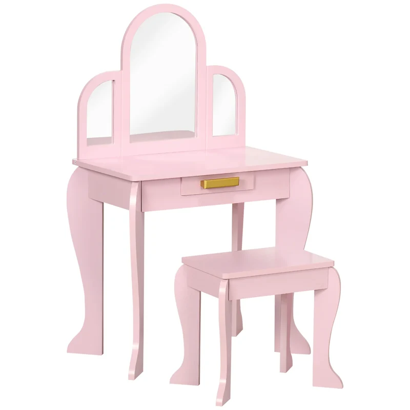 Homcom Children's Dressing Table with Mirror and Stool Children's Dressing Table Makeup Table for Girls from 3 to 6 Years with Drawer Pink