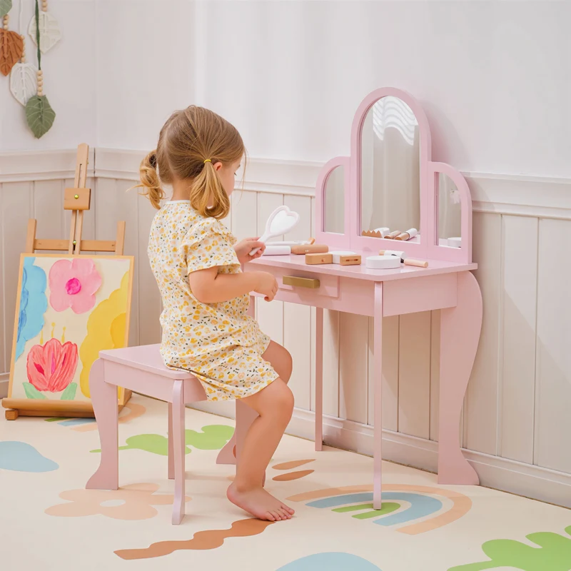 Homcom Children's Dressing Table with Mirror and Stool Children's Dressing Table Makeup Table for Girls from 3 to 6 Years with Drawer Pink