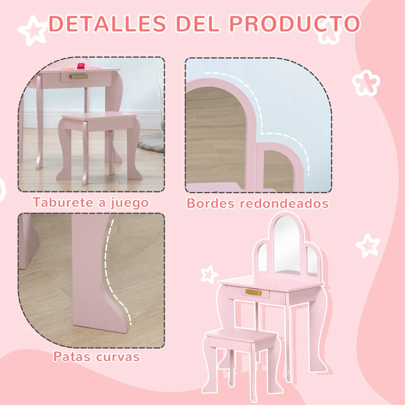 Homcom Children's Dressing Table with Mirror and Stool Children's Dressing Table Makeup Table for Girls from 3 to 6 Years with Drawer Pink