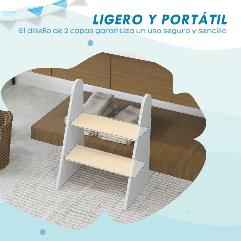 Aiyaplay Stool for Children with 2 Steps +3 Years for Bathroom Kitchen White
