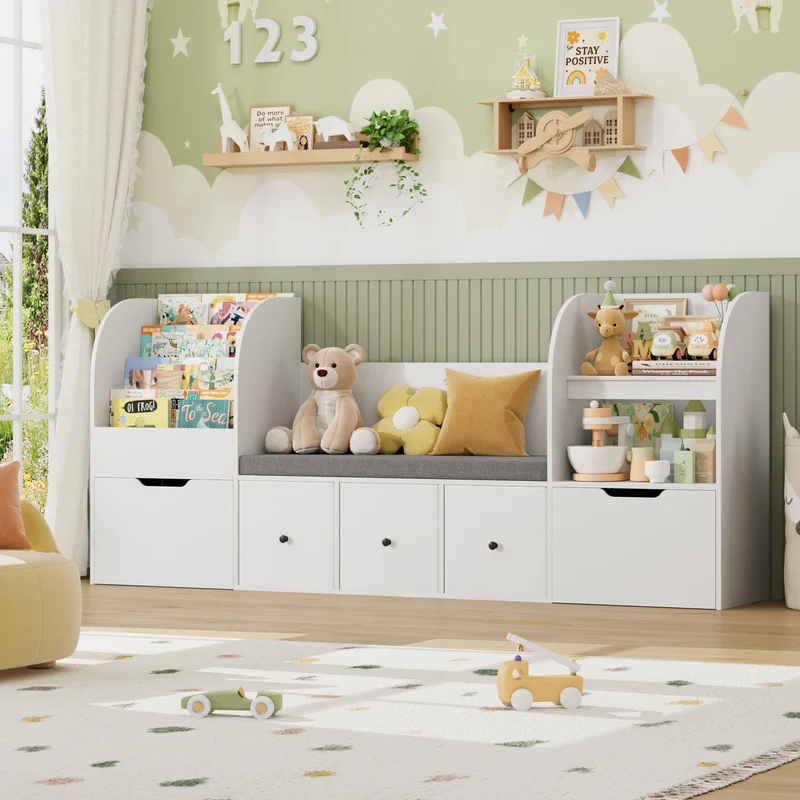 Getone 180.5cm Kids Toy Storage Unit 4-tier Kids Bookshelf with Storage Bench Childrens Bookcase Toy Organiser with 2 Drawers on Wheels, 3 Fabric Drawers for Nursery Playroom Furniture 180.5x35.2x80cm