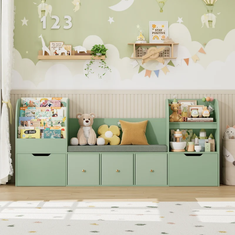 Getone 180.5cm Kids Toy Storage Unit 4-tier Kids Bookshelf with Storage Bench Childrens Bookcase Toy Organiser with 2 Drawers on Wheels, 3 Fabric Drawers for Nursery Playroom Furniture 180.5x35.2x80cm
