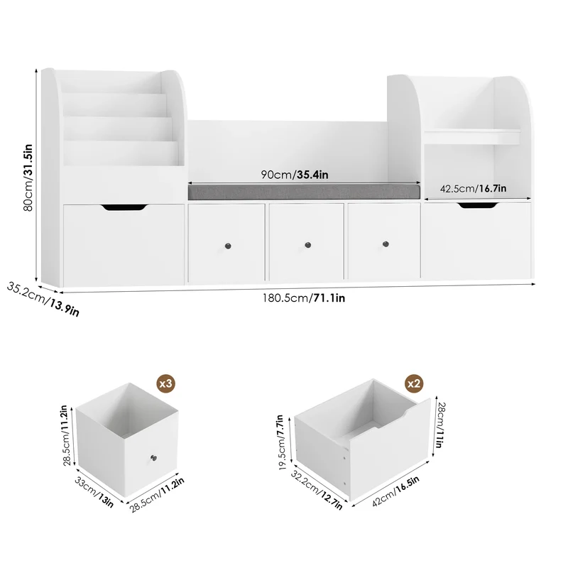 Getone 180.5cm Kids Toy Storage Unit 4-tier Kids Bookshelf with Storage Bench Childrens Bookcase Toy Organiser with 2 Drawers on Wheels, 3 Fabric Drawers for Nursery Playroom Furniture 180.5x35.2x80cm