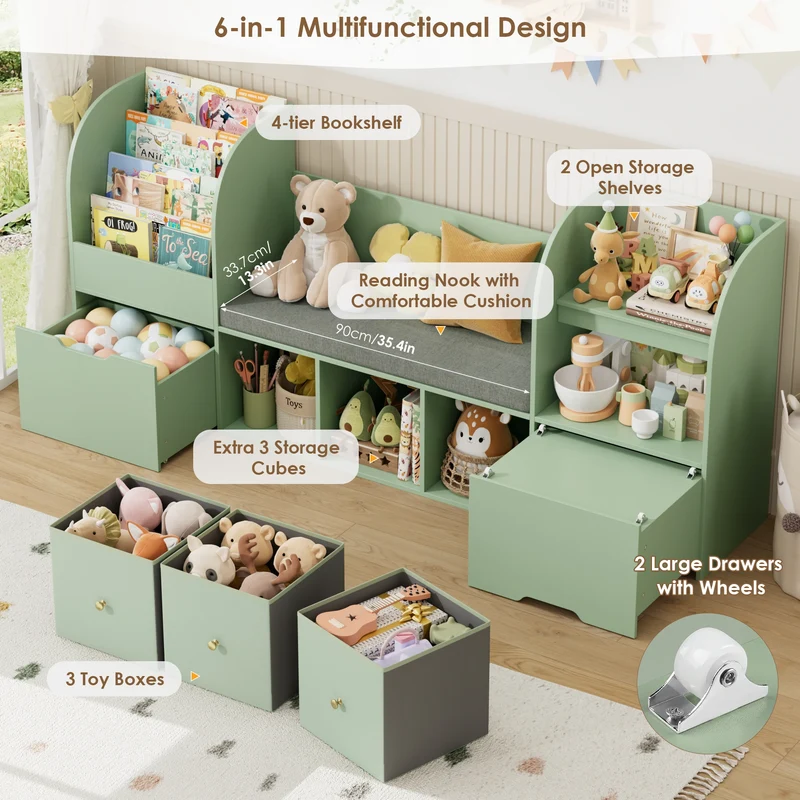 Getone 180.5cm Kids Toy Storage Unit 4-tier Kids Bookshelf with Storage Bench Childrens Bookcase Toy Organiser with 2 Drawers on Wheels, 3 Fabric Drawers for Nursery Playroom Furniture 180.5x35.2x80cm
