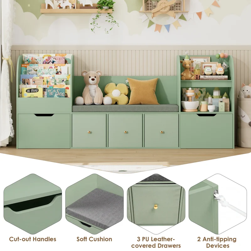 Getone 180.5cm Kids Toy Storage Unit 4-tier Kids Bookshelf with Storage Bench Childrens Bookcase Toy Organiser with 2 Drawers on Wheels, 3 Fabric Drawers for Nursery Playroom Furniture 180.5x35.2x80cm
