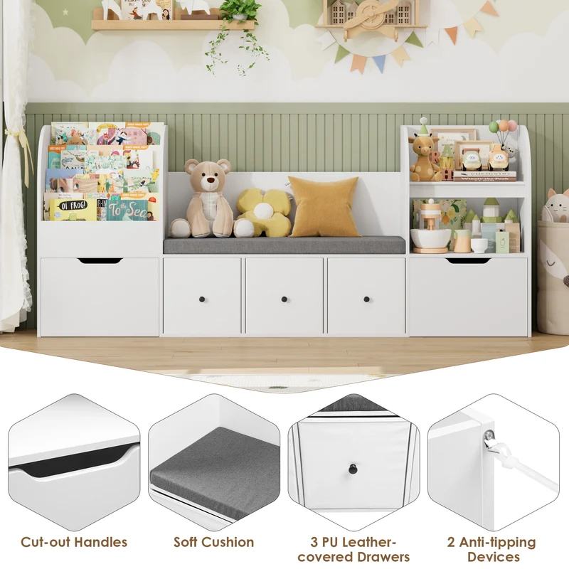 Getone 180.5cm Kids Toy Storage Unit 4-tier Kids Bookshelf with Storage Bench Childrens Bookcase Toy Organiser with 2 Drawers on Wheels, 3 Fabric Drawers for Nursery Playroom Furniture 180.5x35.2x80cm