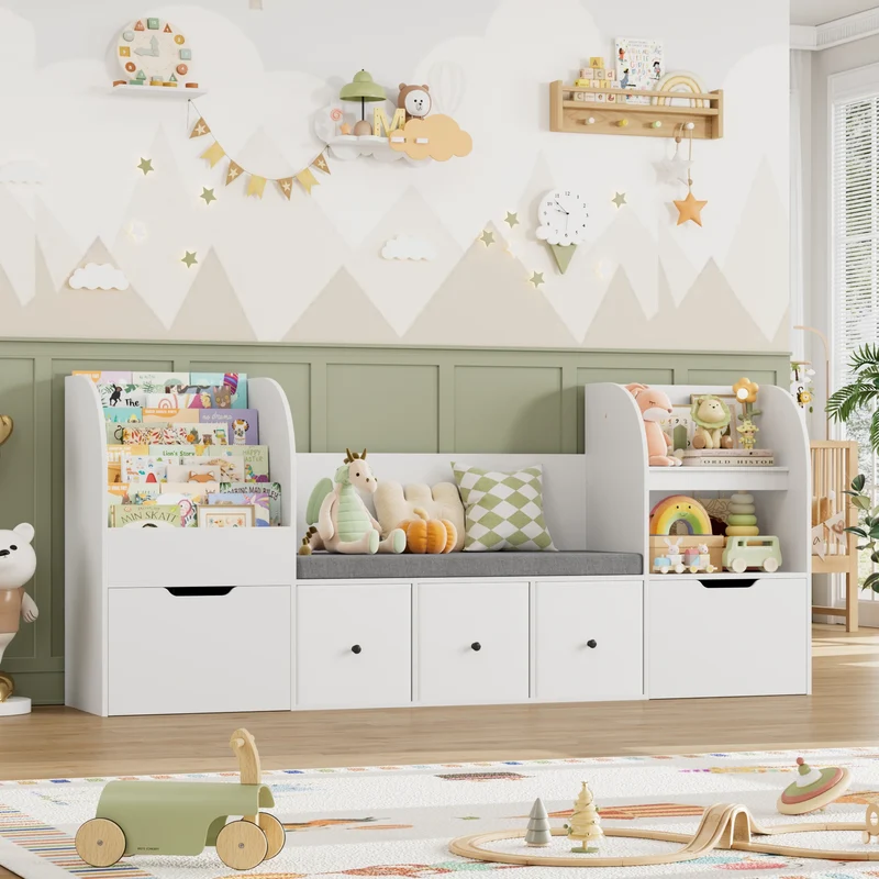 Getone 180.5cm Kids Toy Storage Unit 4-tier Kids Bookshelf with Storage Bench Childrens Bookcase Toy Organiser with 2 Drawers on Wheels, 3 Fabric Drawers for Nursery Playroom Furniture 180.5x35.2x80cm