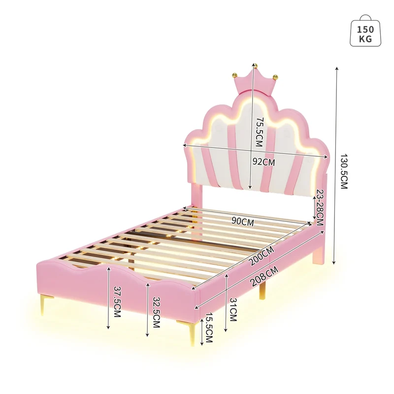 ROSAHQNDA 90x200cm Single bed, crown-shaped princess bed, soft PU leather upholstery with LED light strip, without Mattress
