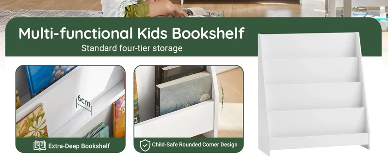 SoBuy KMB32 Children's Bookshelf Children's Shelf Newspaper stand with 4 Shelves storage Shelf for Children White