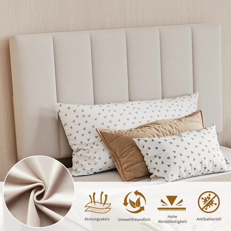 Upholstered bed 90x200 cm, hydraulic storage bed, single bed with storage and slatted frame, youth bed, box spring bed with bed box, functional bed, linen, without mattress, beige