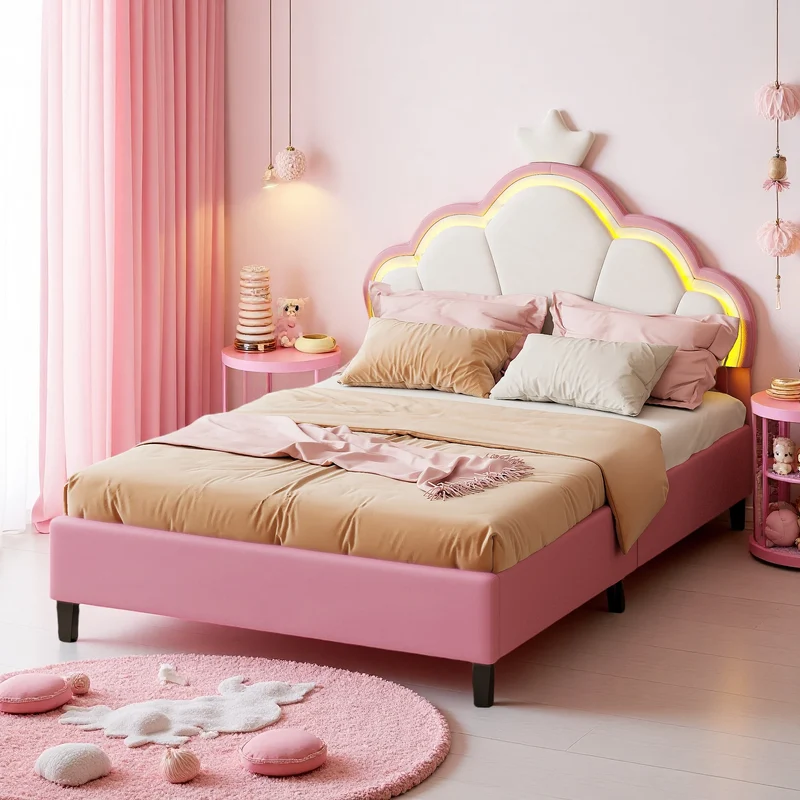 Children's bed 90x200 cm, Princess Crown-shaped bed with Adjustable bed Head, Girl bed with LED, Single bed, Pink