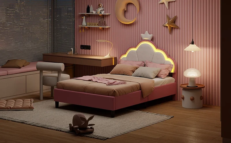 Children's bed 90x200 cm, Princess Crown-shaped bed with Adjustable bed Head, Girl bed with LED, Single bed, Pink