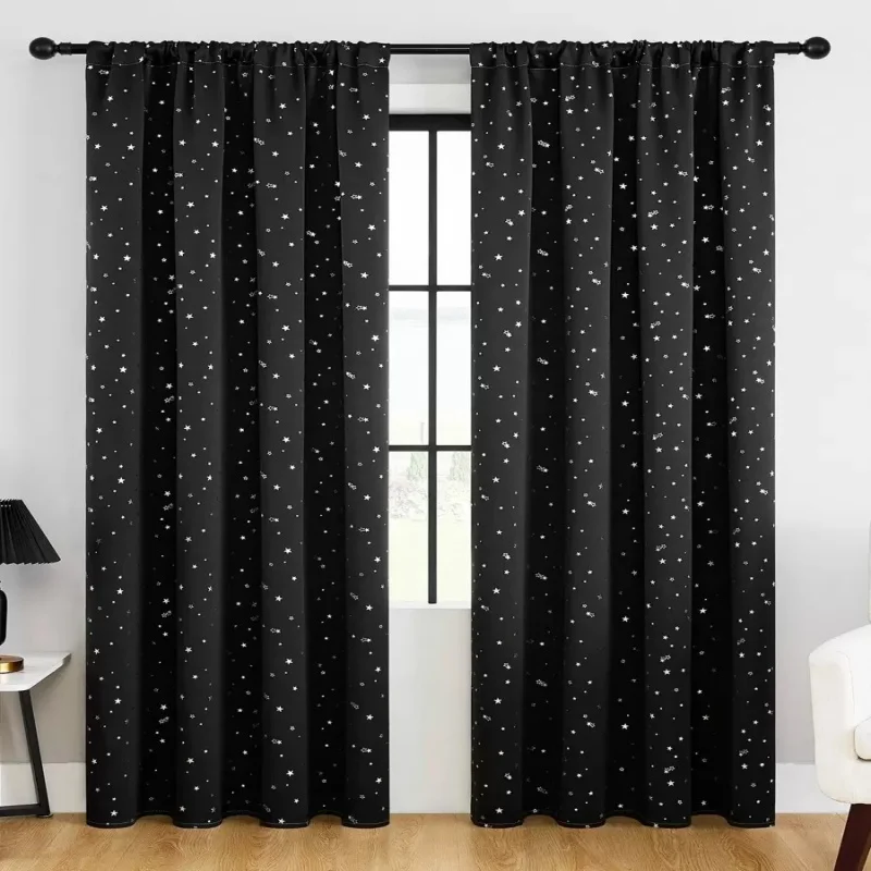 1pc Blackout Curtain, Solid Color With Metallic Star Pattern, Polyester Blend, Room Darkening, Thermal Insulated, UV Blocking Fo