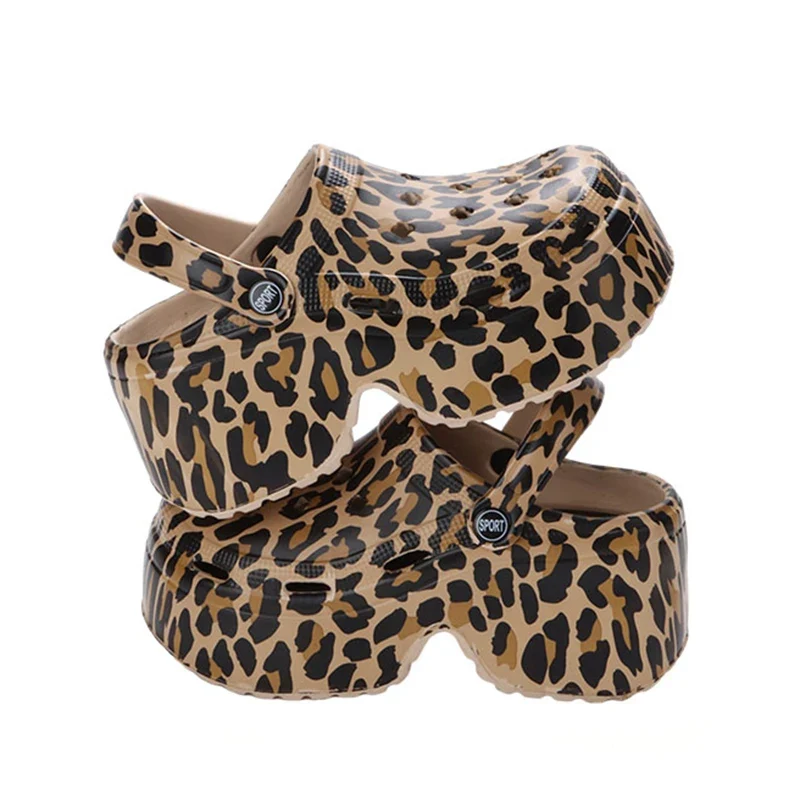 Leopard Thick Bottom Clogs for Women Closed Toe Chunky Platform Sandals Woman Summer 2023 Super High Wedge Heel Slippers Female