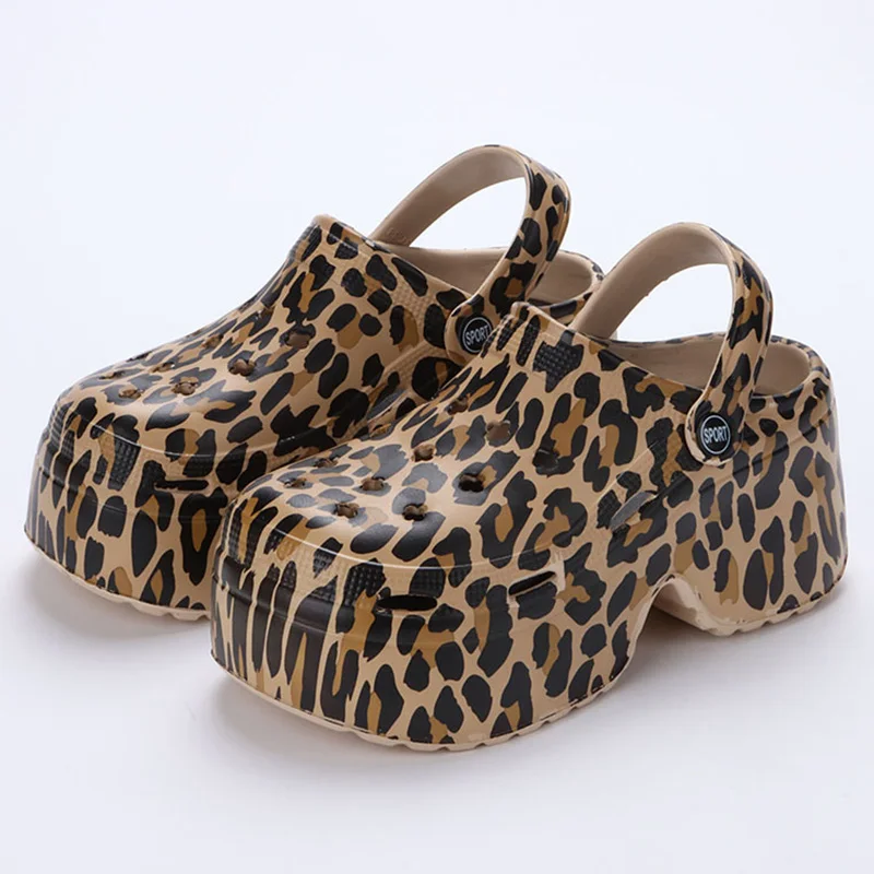 Leopard Thick Bottom Clogs for Women Closed Toe Chunky Platform Sandals Woman Summer 2023 Super High Wedge Heel Slippers Female
