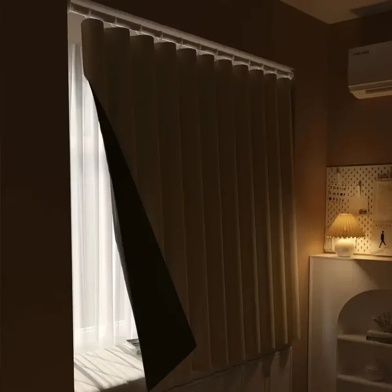 1Pcs Full Blackout Partition Blackout Curtain Polyester Fabric High Shading Protection Window Door Curtain Beige