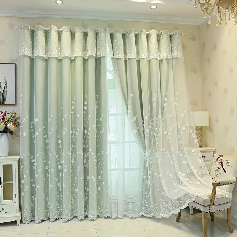 1pc European Luxury Double Layer Blackout Curtain,Top Eyelet for Easy Hanging,Floral Pattern for Living Room Bedroom Decor