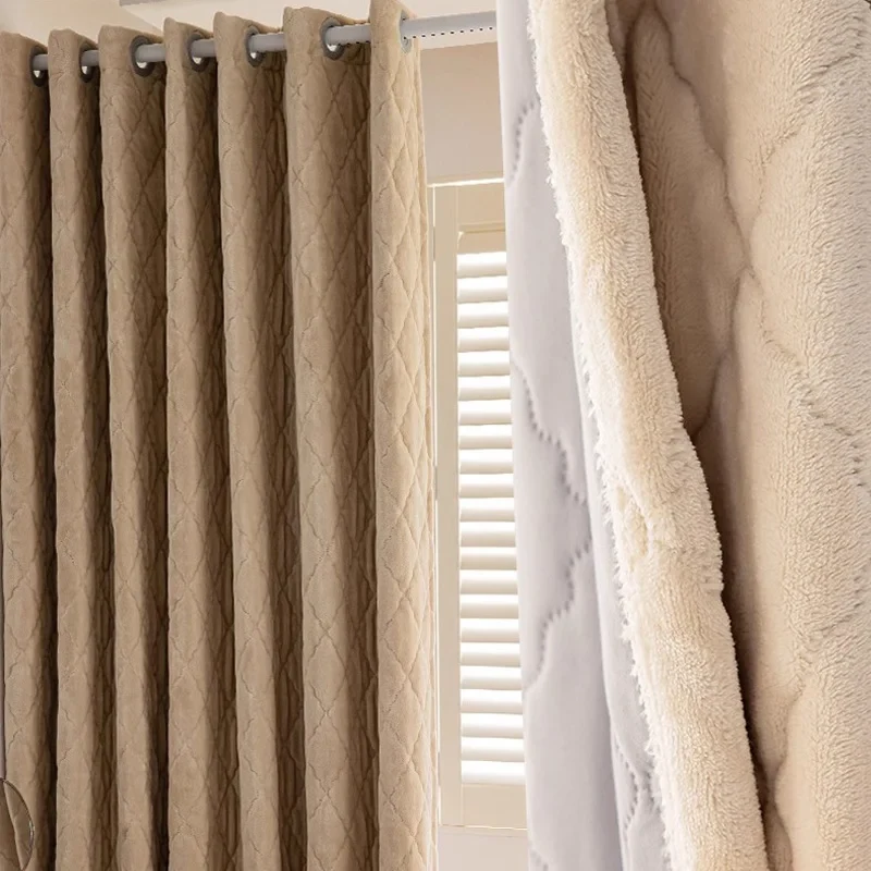 1pc Diamond-patterned warm-colored cold-proof and thermal curtain with light luxury French style - A must-have item for bedrooms