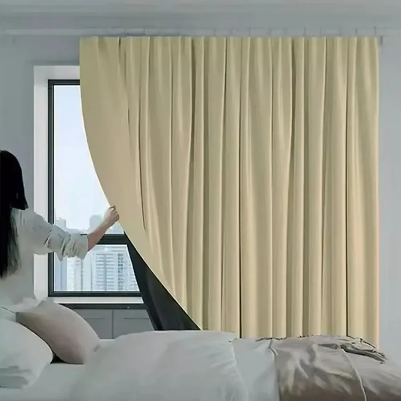 1Pcs Full Blackout Partition Blackout Curtain Polyester Fabric Beige Window Door Curtain High Shading Protection