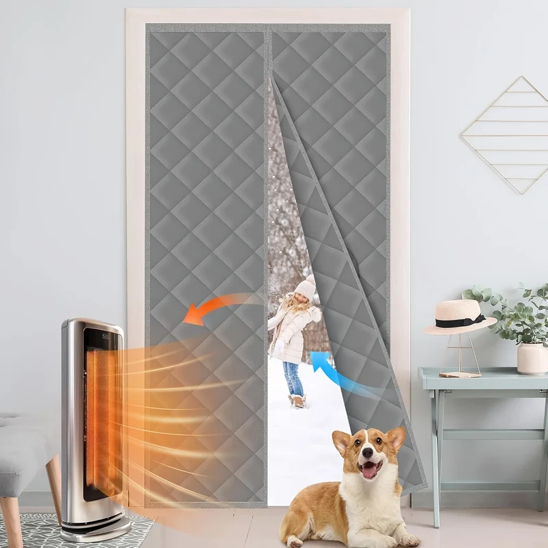 Magnetic Self Seal Thermal Curtain Heavy Duty Winter Proof Privacy Pet Friendly White Gray Quilted No Install