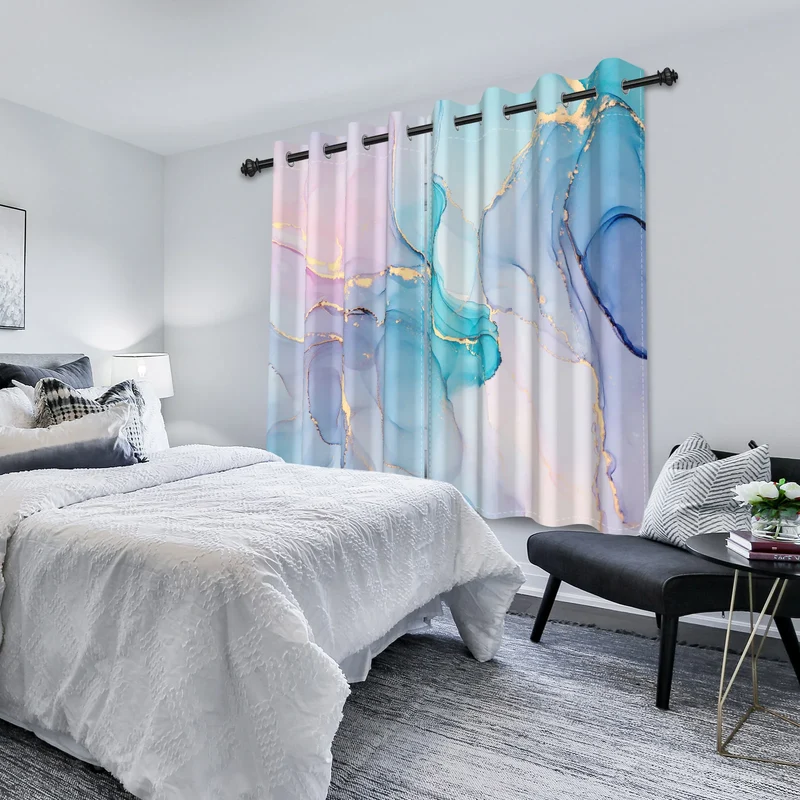 2pcs/set Marble Print Blackout Curtain Modern Window Drapes Blue Gold Pink Thermal Insulated Living Room Bedroom Home Decoration