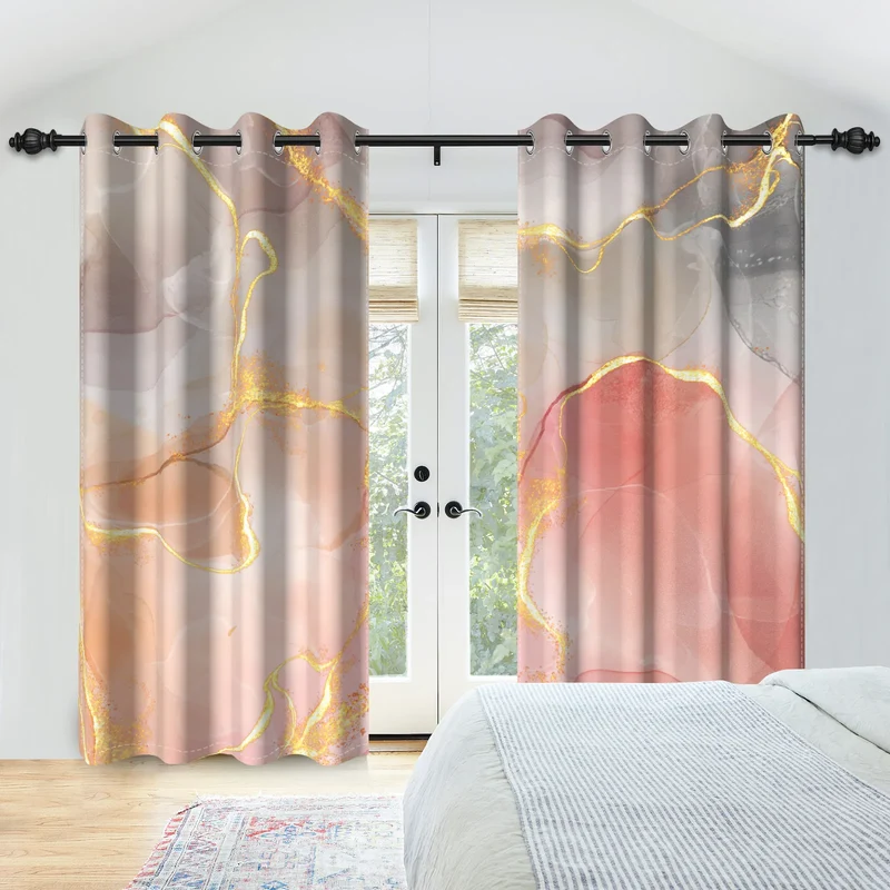 2pcs/set Marble Print Blackout Curtain Modern Window Drapes Blue Gold Pink Thermal Insulated Living Room Bedroom Home Decoration