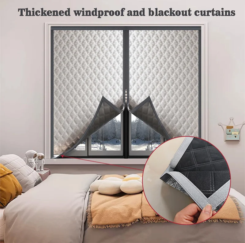 Window windproof, warm curtain, cold proof double-layer thick blackout curtain, soundproof cotton window, gray zipper style