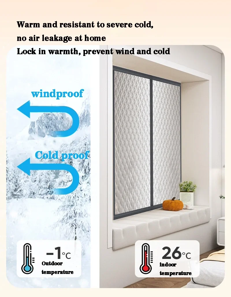 Window windproof, warm curtain, cold proof double-layer thick blackout curtain, soundproof cotton window, gray zipper style