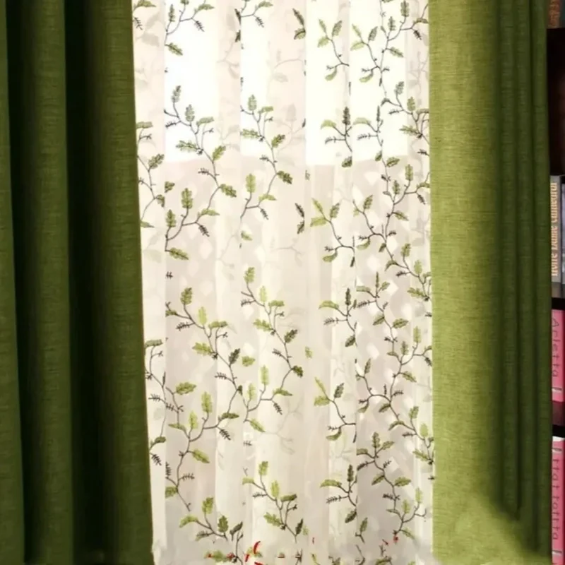 Pastoral Blackout Curtain Green Linen Fabric Window Screen Leaves Embroidered Curtain Tulle for Living Room Bedroom American