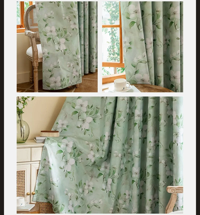 1PC European Style 100% Blackout Curtain for Bedroom Living Room Green Leaf Flower Printed Window Drapes Summer Curtains