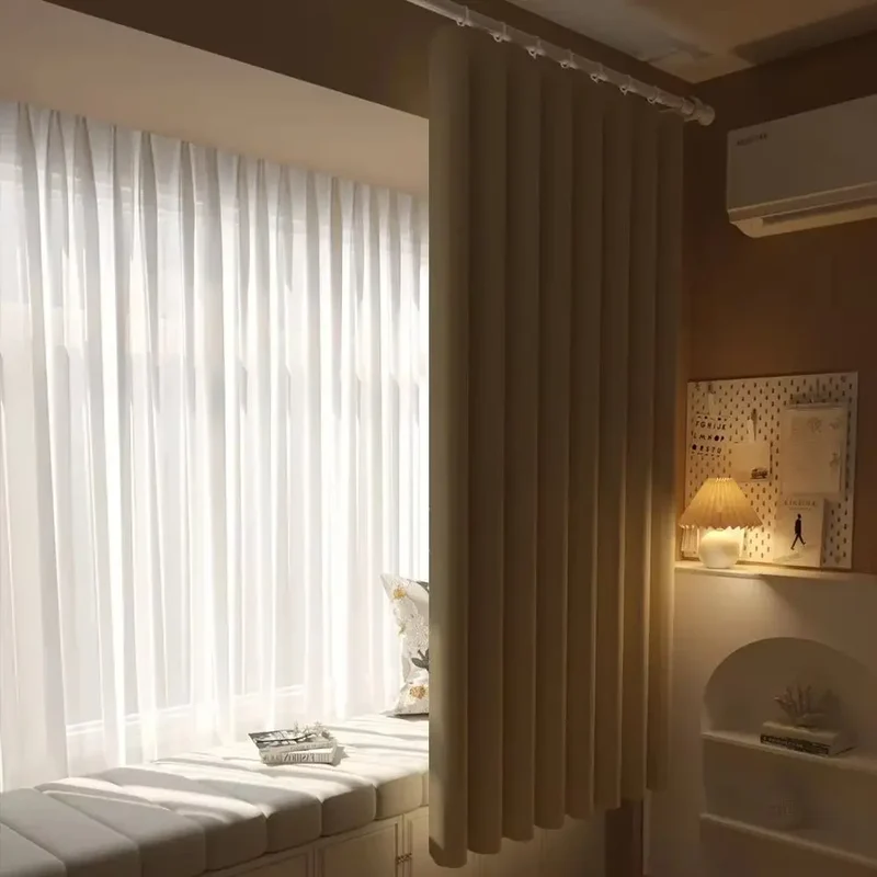 1Pcs Full Blackout Partition Blackout Curtain High Shading Protection Polyester Fabric Window Door Curtain Beige