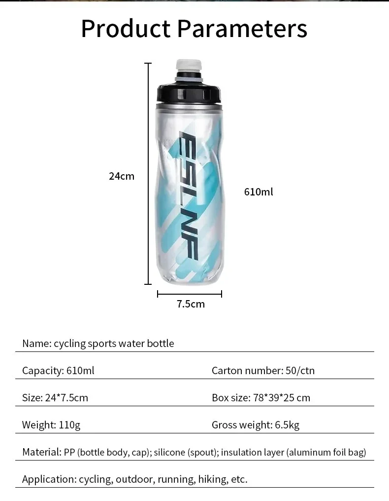 Insulated Cold Cycling Water Bottle Portable 610ml MTB Bottle Ultralight Dustproof Sports Bottle