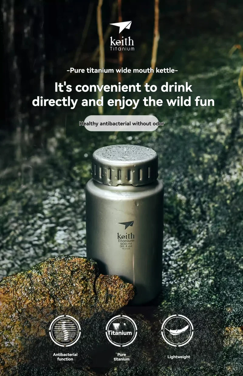 Keith Titanium Sports Bottle 0.9L/1.2L Large Capacity Kettle Outdoor Camping Drinkware Wide Mouth Non-threaded Water Bottle