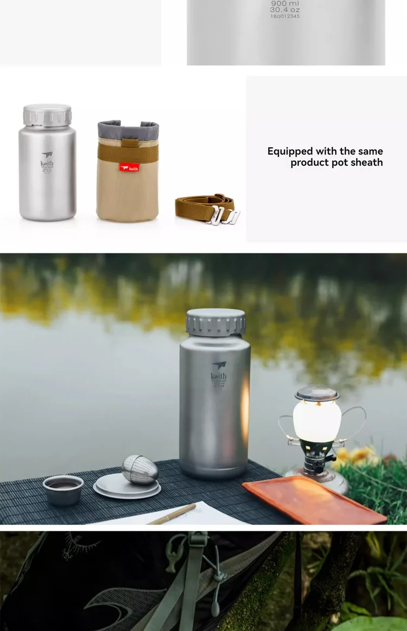 Keith Titanium Sports Bottle 0.9L/1.2L Large Capacity Kettle Outdoor Camping Drinkware Wide Mouth Non-threaded Water Bottle