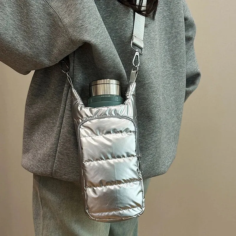 Shoulder Strap Water Bottle Carrier Bag Nylon Front Pocket Water Bottle Holder Down Portable Water Bottle Sling Bag Case Travel