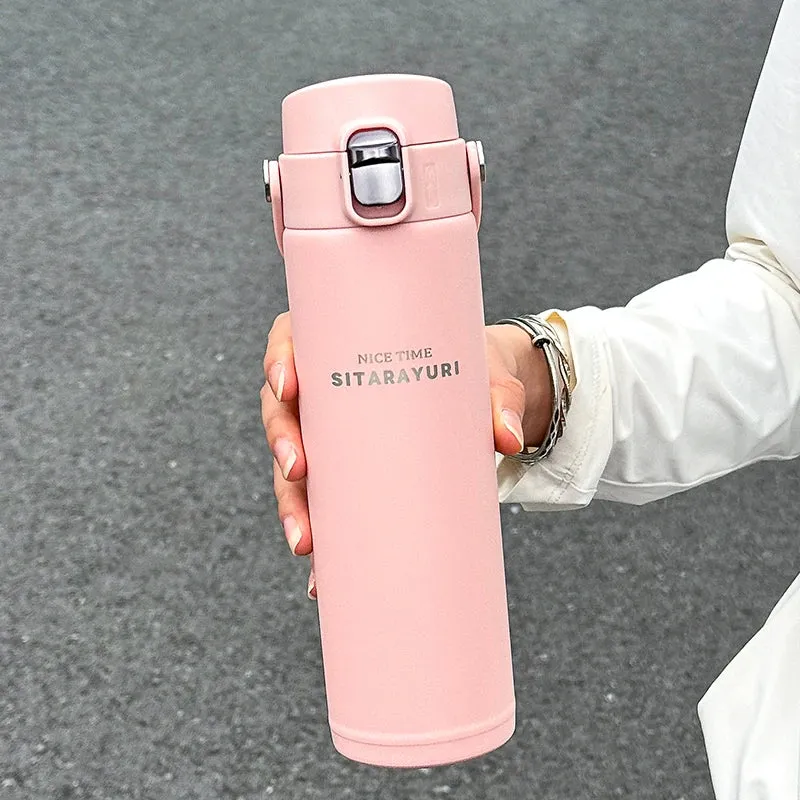 1 PC Stainless Steel Vacuum Flask, 500ml Pop-Up Direct Drink Insulated Bottle with Wide Handle, Outdoor Portable Sports Bottle