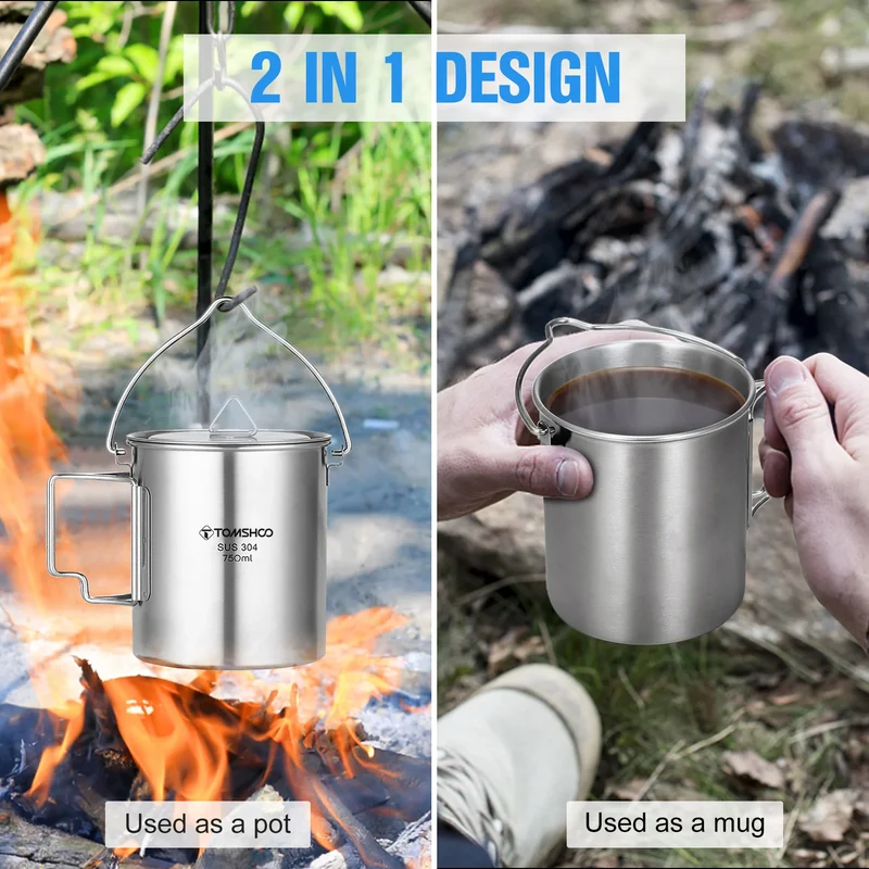 TOMSHOO 1.05L Stainless Steel Water Bottle Leak Proof Sports Bottle W 750ml Water Cup Coffee Mug Hanging Pot for Outdoor Camping