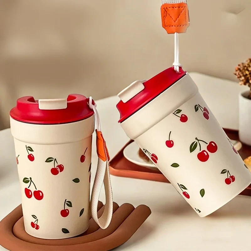 350/400ML Plastic Coffee Mug With Cherry Pattern Travel Portable Water Bottle Tumbler Sealed Leak Proof Drinking Cup Drinkware