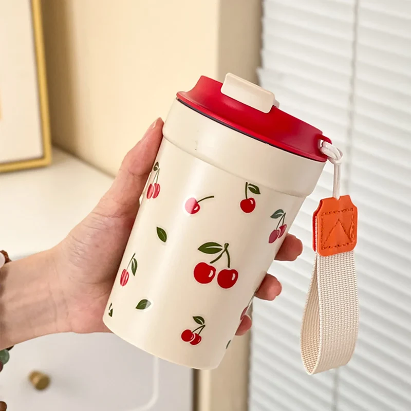 350/400ML Plastic Coffee Mug With Cherry Pattern Travel Portable Water Bottle Tumbler Sealed Leak Proof Drinking Cup Drinkware