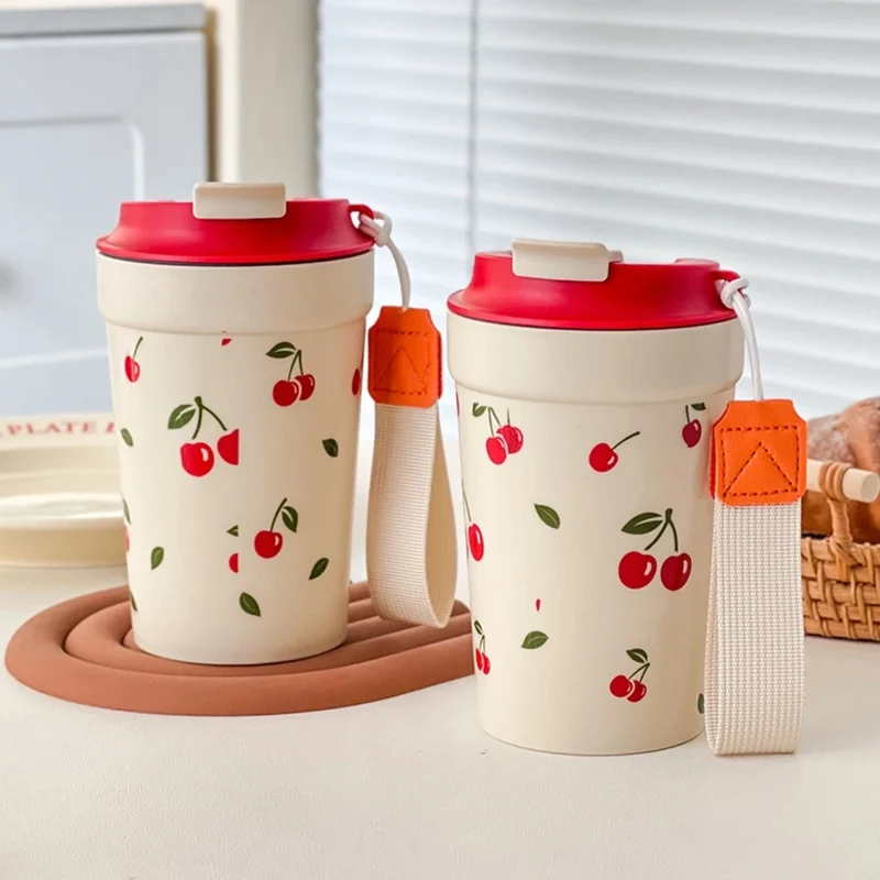 350/400ML Plastic Coffee Mug With Cherry Pattern Travel Portable Water Bottle Tumbler Sealed Leak Proof Drinking Cup Drinkware