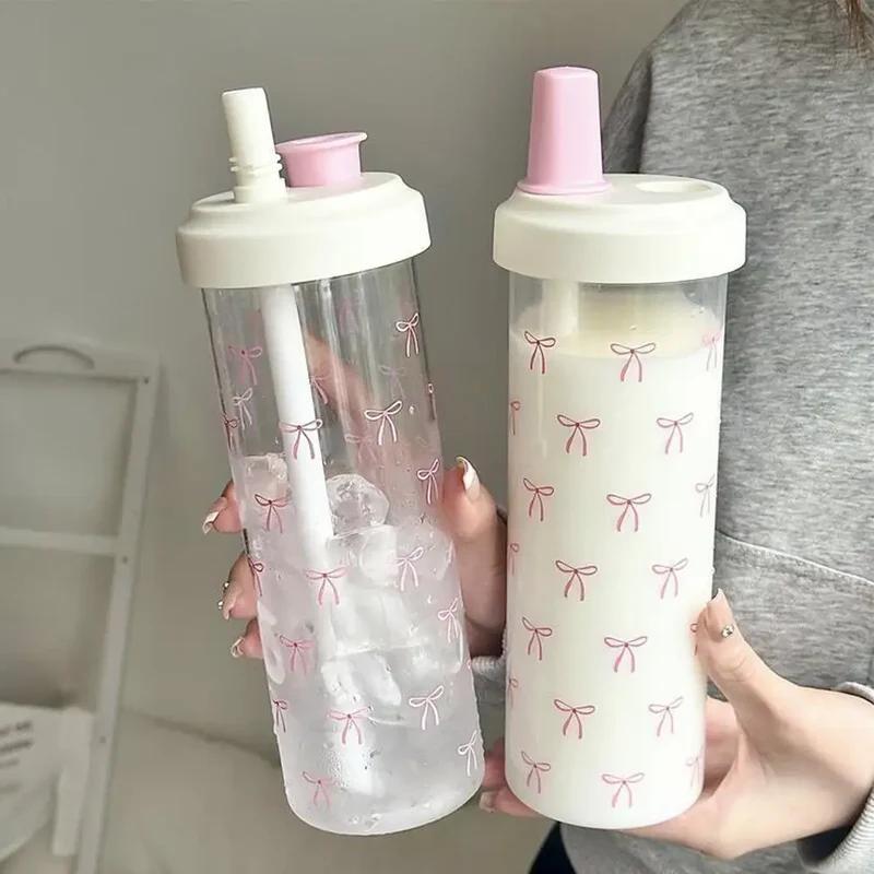 Pink Bow Tumbler Transparent Straw Water Cup Cute Portable Water Bottle For Outdoor School Drinking Water Bottles