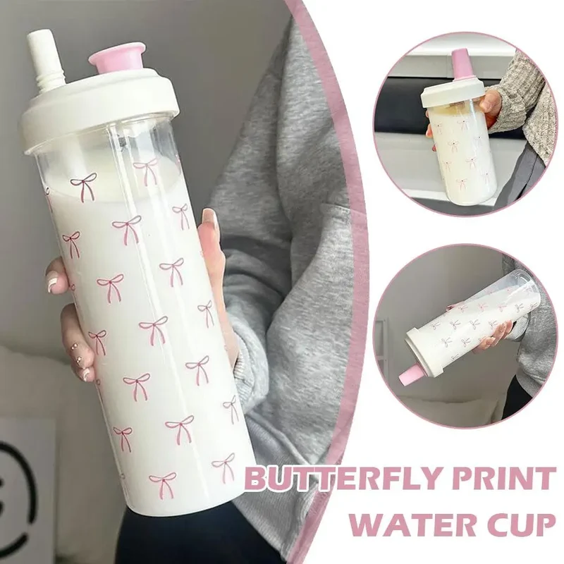 Pink Bow Tumbler Transparent Straw Water Cup Cute Portable Water Bottle For Outdoor School Drinking Water Bottles